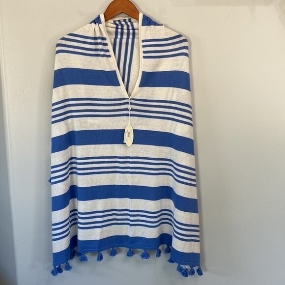Caroline Grace Stripe Tassel Cashmere Blend Knit Poncho Shrug Topper White Wave - Picture 5 of 14
